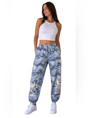 JWLosAngeles Embroidered Linen Jogger Pant Blue Camo Ivory Peacock M Streetwear
